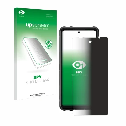 Parte frontal de un envase de producto con el logotipo de la marca upscreen. Al lado se muestra el dispositivo Ulefone Armor 1