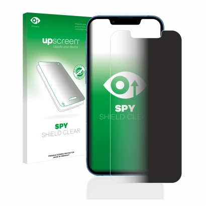 Parte frontal de un envase de producto con el logotipo de la marca upscreen. Al lado se muestra el dispositivo Apple iPhone 13