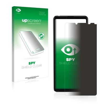 Parte frontal de un envase de producto con el logotipo de la marca upscreen. Al lado se muestra el dispositivo Sony Xperia 10 
