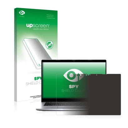 Parte frontal de un envase de producto con el logotipo de la marca upscreen. Al lado se muestra el dispositivo Dell Latitude 5