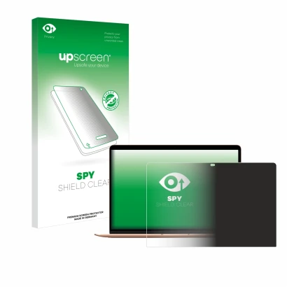 Parte frontal de un envase de producto con el logotipo de la marca upscreen. Al lado se muestra el dispositivo Apple MacBook A