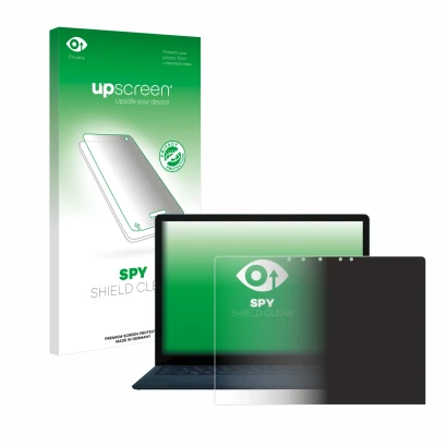 Parte frontal de un envase de producto con el logotipo de la marca upscreen. Al lado se muestra el dispositivo Microsoft Surfa