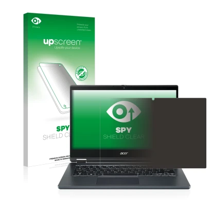 Parte frontal de un envase de producto con el logotipo de la marca upscreen. Al lado se muestra el dispositivo Acer TravelMate
