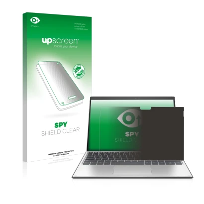 Parte frontal de un envase de producto con el logotipo de la marca upscreen. Al lado se muestra el dispositivo HP Elite x2 G8 