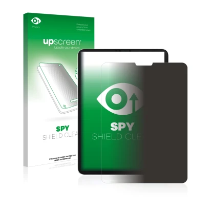 Parte frontal de un envase de producto con el logotipo de la marca upscreen. Al lado se muestra el dispositivo Apple iPad Pro 