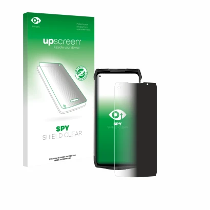 Parte frontal de un envase de producto con el logotipo de la marca upscreen. Al lado se muestra el dispositivo Ulefone Power A