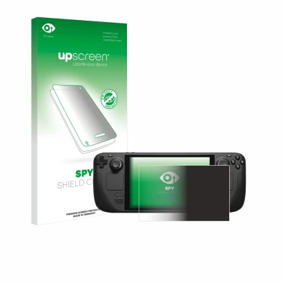 Parte frontal de un envase de producto con el logotipo de la marca upscreen. Al lado se muestra el dispositivo Valve Steam Dec