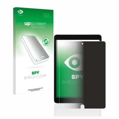 Parte frontal de un envase de producto con el logotipo de la marca upscreen. Al lado se muestra el dispositivo Apple iPad 10.2