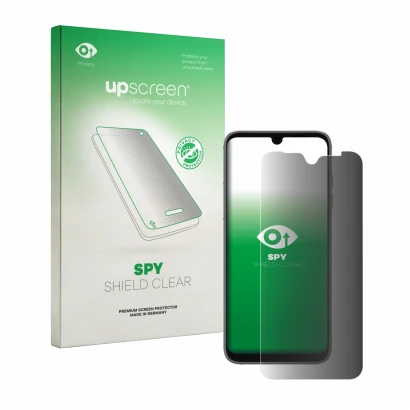 Parte frontal de un envase de producto con el logotipo de la marca upscreen. Al lado se muestra el dispositivo Fairphone 4 con
