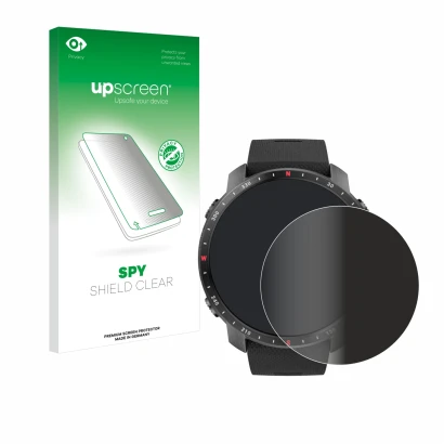Parte frontal de un envase de producto con el logotipo de la marca upscreen. Al lado se muestra el dispositivo Polar Grit X Pr