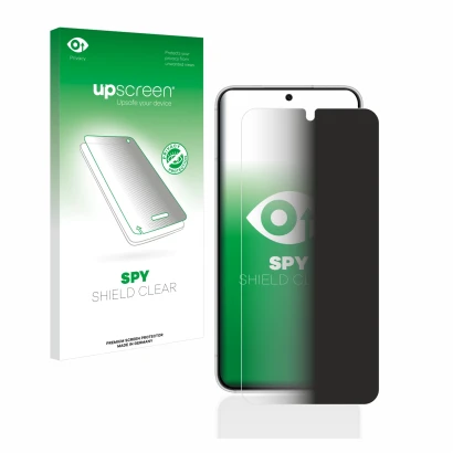 Parte frontal de un envase de producto con el logotipo de la marca upscreen. Al lado se muestra el dispositivo Samsung Galaxy 