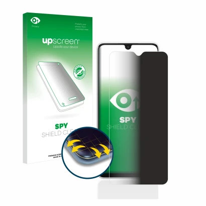 Parte frontal de un envase de producto con el logotipo de la marca upscreen. Al lado se muestra el dispositivo Samsung Galaxy