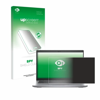 Parte frontal de un envase de producto con el logotipo de la marca upscreen. Al lado se muestra el dispositivo Dell Latitude 5