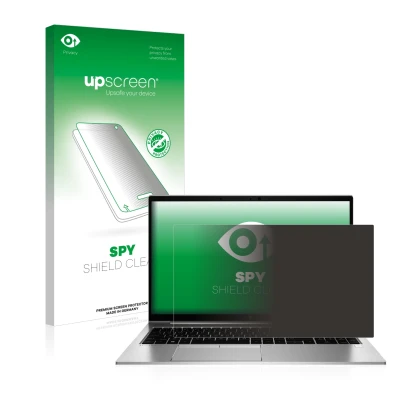 Parte frontal de un envase de producto con el logotipo de la marca upscreen. Al lado se muestra el dispositivo HP EliteBook 85