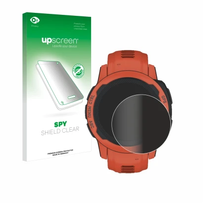 Parte frontal de un envase de producto con el logotipo de la marca upscreen. Al lado se muestra el dispositivo Garmin Instinct