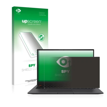 Parte frontal de un envase de producto con el logotipo de la marca upscreen. Al lado se muestra el dispositivo ASUS VivoBook S