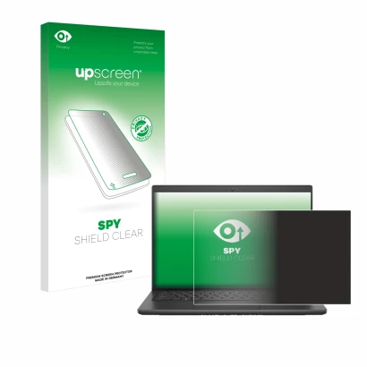 Parte frontal de un envase de producto con el logotipo de la marca upscreen. Al lado se muestra el dispositivo Dell Latitude 3