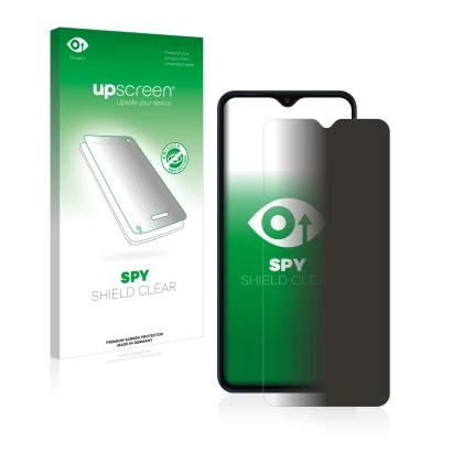 Parte frontal de un envase de producto con el logotipo de la marca upscreen. Al lado se muestra el dispositivo Samsung Galaxy