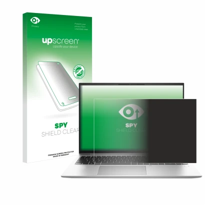 Parte frontal de un envase de producto con el logotipo de la marca upscreen. Al lado se muestra el dispositivo HP EliteBook 84