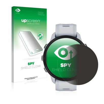 Parte frontal de un envase de producto con el logotipo de la marca upscreen. Al lado se muestra el dispositivo Garmin Forerunn