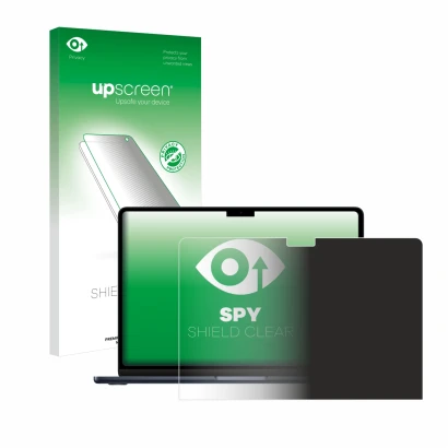 Parte frontal de un envase de producto con el logotipo de la marca upscreen. Al lado se muestra el dispositivo Apple MacBook A