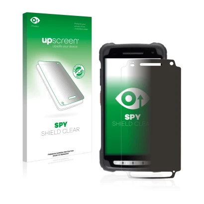 Parte frontal de un envase de producto con el logotipo de la marca upscreen. Al lado se muestra el dispositivo Janam XT3 con s