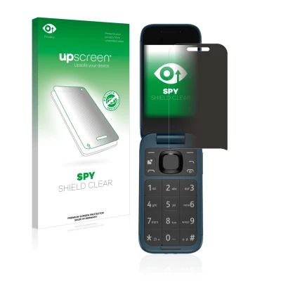Parte frontal de un envase de producto con el logotipo de la marca upscreen. Al lado se muestra el dispositivo Nokia 2660 Flip