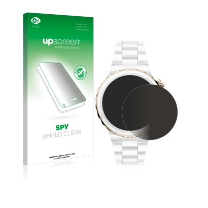 Parte frontal de un envase de producto con el logotipo de la marca upscreen. Al lado se muestra el dispositivo Huawei Watch GT