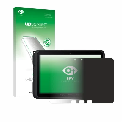 Parte frontal de un envase de producto con el logotipo de la marca upscreen. Al lado se muestra el dispositivo Samsung Galaxy 