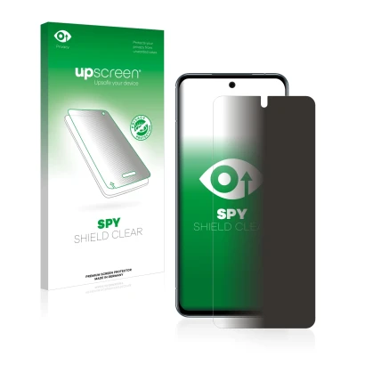 Parte frontal de un envase de producto con el logotipo de la marca upscreen. Al lado se muestra el dispositivo Nokia X30 con s
