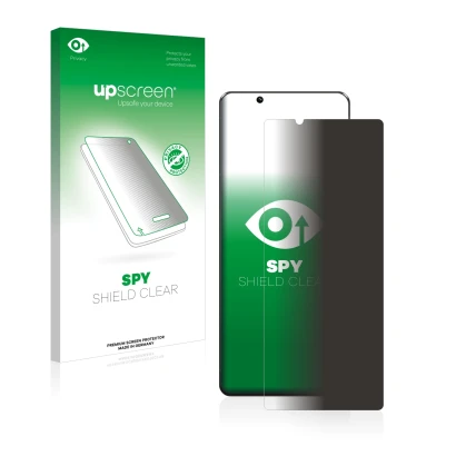 Parte frontal de un envase de producto con el logotipo de la marca upscreen. Al lado se muestra el dispositivo Sony Xperia 5 I