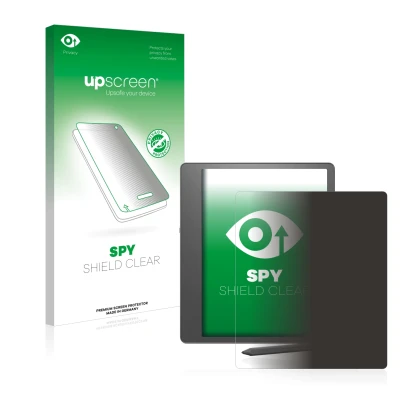 Parte frontal de un envase de producto con el logotipo de la marca upscreen. Al lado se muestra el dispositivo Amazon Kindle S