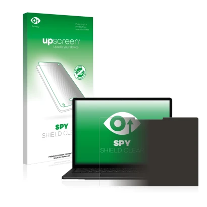Parte frontal de un envase de producto con el logotipo de la marca upscreen. Al lado se muestra el dispositivo Microsoft Surfa
