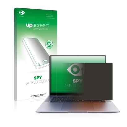 Parte frontal de un envase de producto con el logotipo de la marca upscreen. Al lado se muestra el dispositivo Huawei MateBook