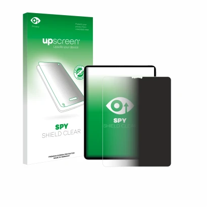 Parte frontal de un envase de producto con el logotipo de la marca upscreen. Al lado se muestra el dispositivo Apple iPad Pro 