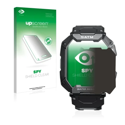Parte frontal de un envase de producto con el logotipo de la marca upscreen. Al lado se muestra el dispositivo Bengux C20 con