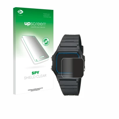 Parte frontal de un envase de producto con el logotipo de la marca upscreen. Al lado se muestra el dispositivo Casio F-105W-1A