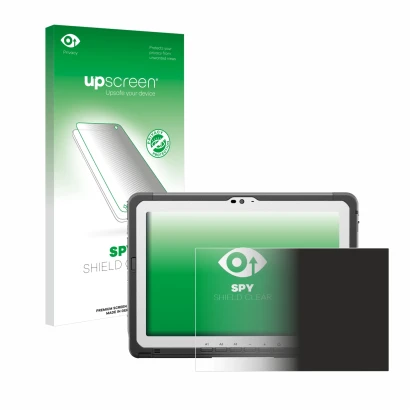 Parte frontal de un envase de producto con el logotipo de la marca upscreen. Al lado se muestra el dispositivo Panasonic Tough