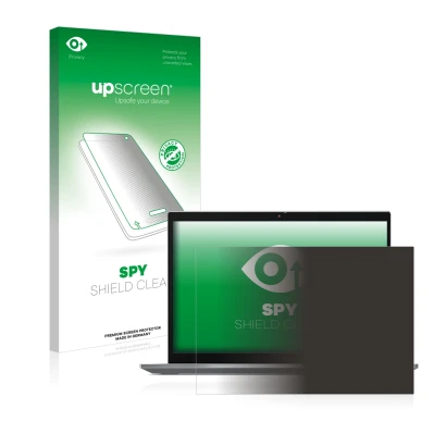 Parte frontal de un envase de producto con el logotipo de la marca upscreen. Al lado se muestra el dispositivo Lenovo ThinkPad