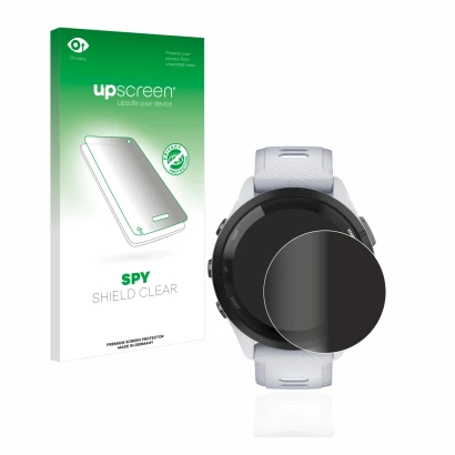 Parte frontal de un envase de producto con el logotipo de la marca upscreen. Al lado se muestra el dispositivo Garmin Forerunn