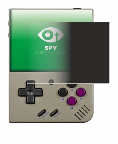 Imagen del dispositivo Miyoo Mini Plus con una amplia variedad de protectores de pantalla.