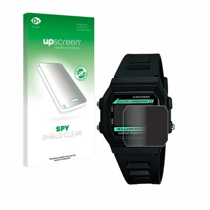 Parte frontal de un envase de producto con el logotipo de la marca upscreen. Al lado se muestra el dispositivo Casio W-86-1VQE