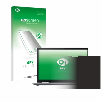 Parte frontal de un envase de producto con el logotipo de la marca upscreen. Al lado se muestra el dispositivo Lenovo ThinkPad