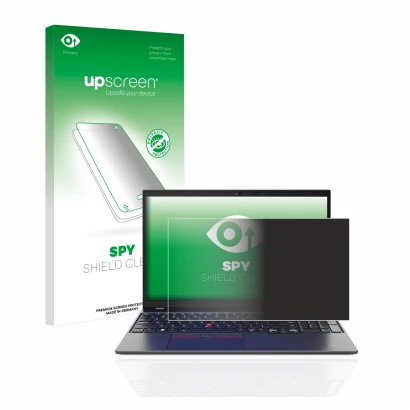 Parte frontal de un envase de producto con el logotipo de la marca upscreen. Al lado se muestra el dispositivo Lenovo ThinkPad