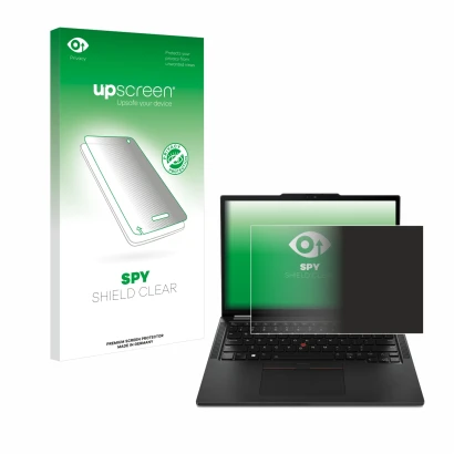 Parte frontal de un envase de producto con el logotipo de la marca upscreen. Al lado se muestra el dispositivo Lenovo ThinkPad