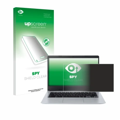 Parte frontal de un envase de producto con el logotipo de la marca upscreen. Al lado se muestra el dispositivo Acer Chromebook