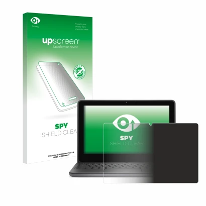 Parte frontal de un envase de producto con el logotipo de la marca upscreen. Al lado se muestra el dispositivo Dell Latitude 3