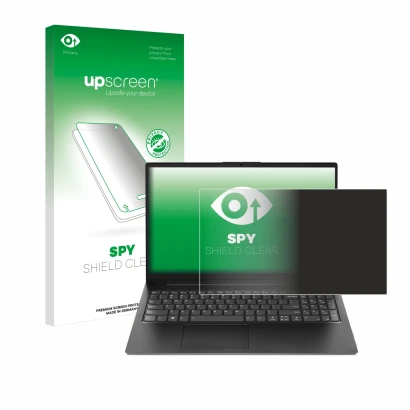 Parte frontal de un envase de producto con el logotipo de la marca upscreen. Al lado se muestra el dispositivo Lenovo V15 Gen