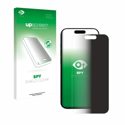 Parte frontal de un envase de producto con el logotipo de la marca upscreen. Al lado se muestra el dispositivo Apple iPhone 15