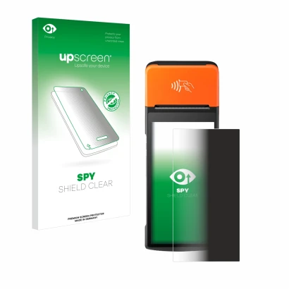 Parte frontal de un envase de producto con el logotipo de la marca upscreen. Al lado se muestra el dispositivo Sunmi V2 Pro co